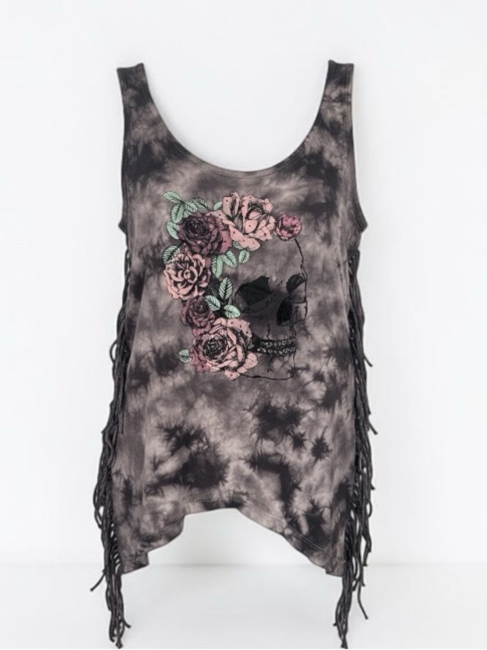 Wound Up Gray Tie-Dye Skull Tank with Pink Floral